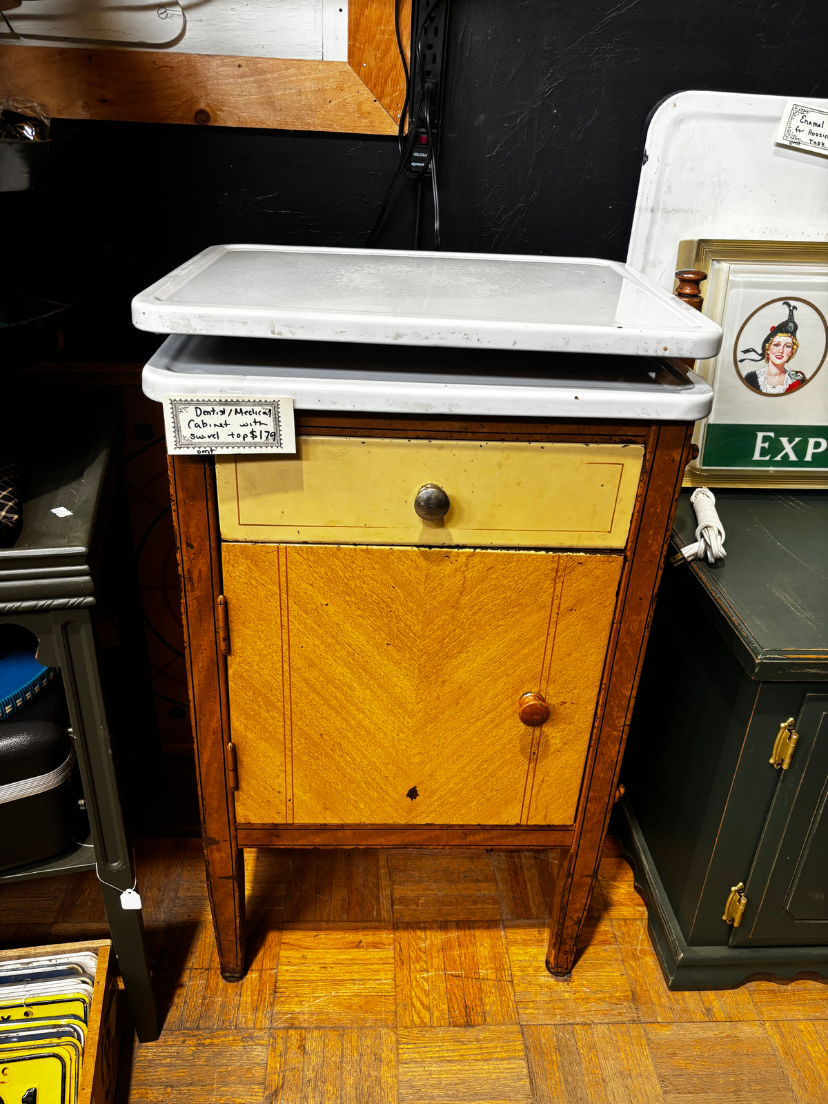 Vintage Dental/ Medical Cabinet with swivel enamel top