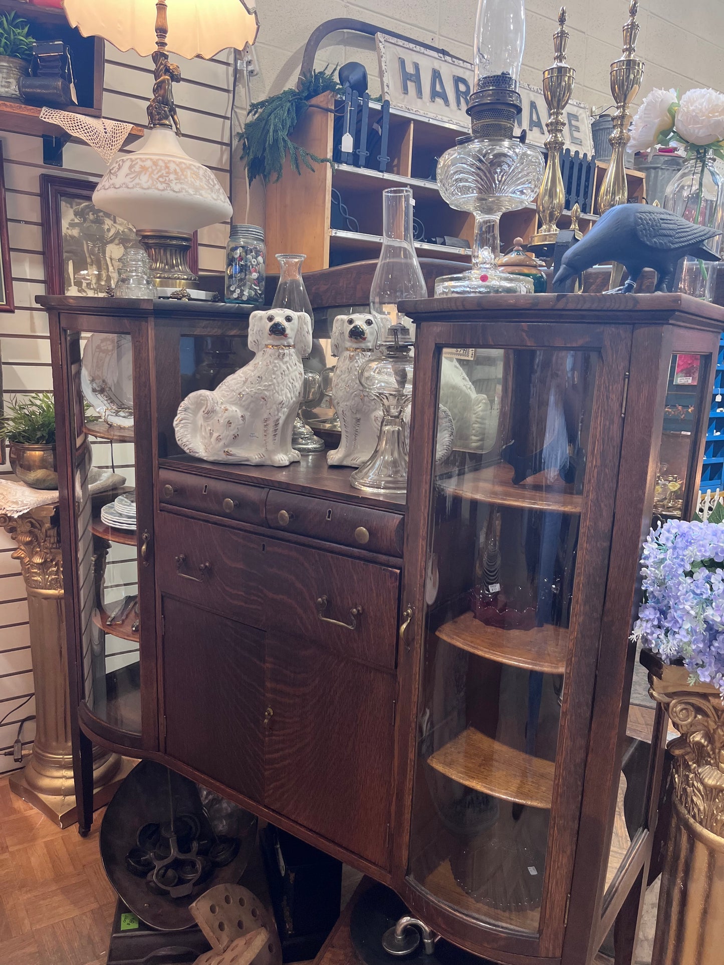 Antique 1/4 Cut Oak Cabinet with Curved Glass & Brass Hardware