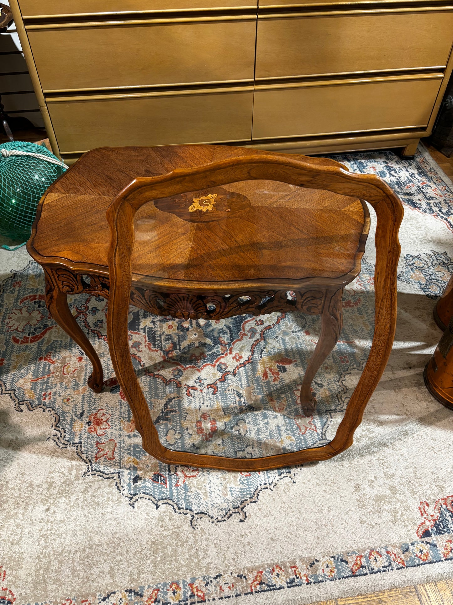 Vintage Carved Walnut Side Table with glass top