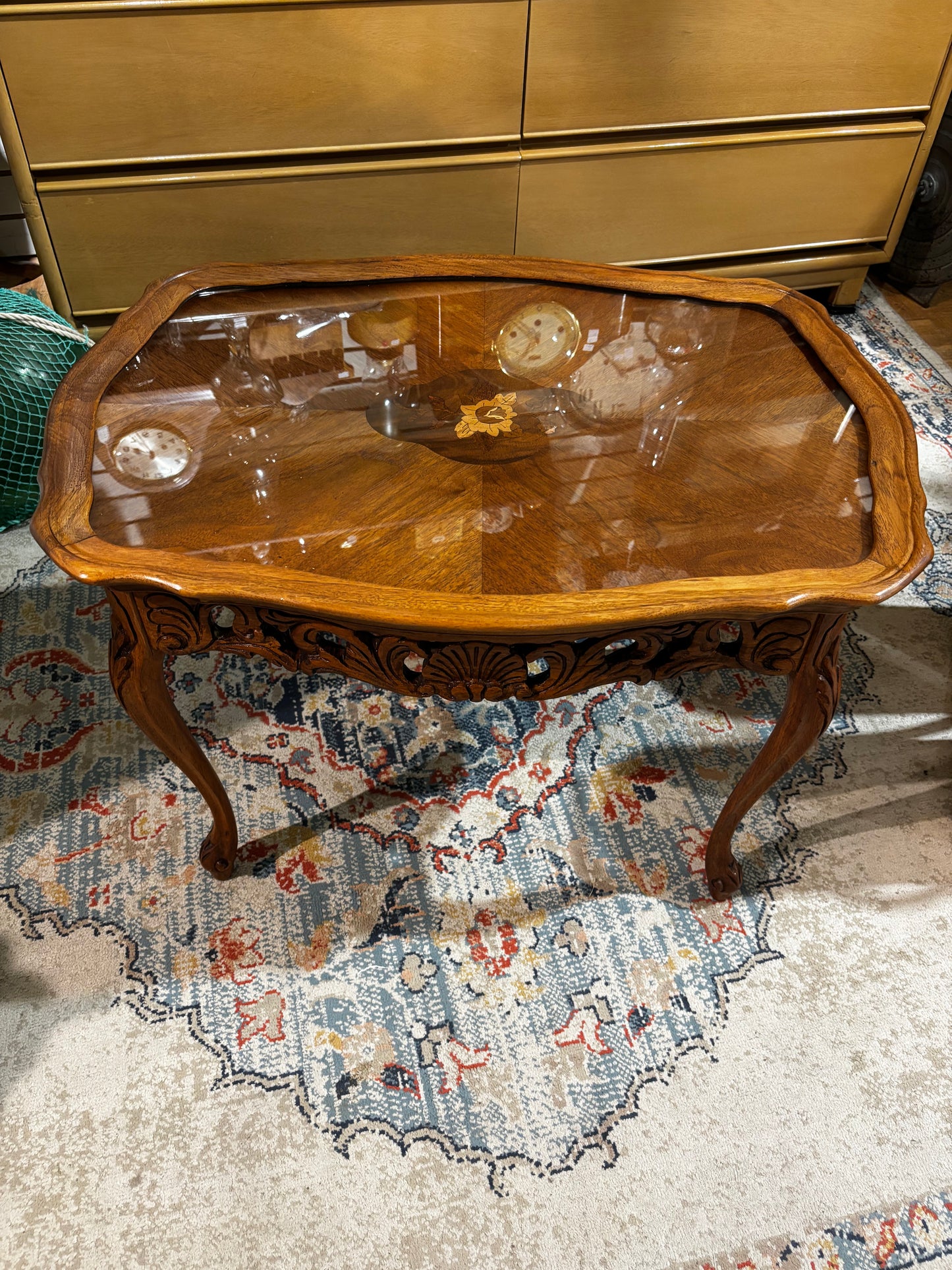 Vintage Carved Walnut Side Table with glass top