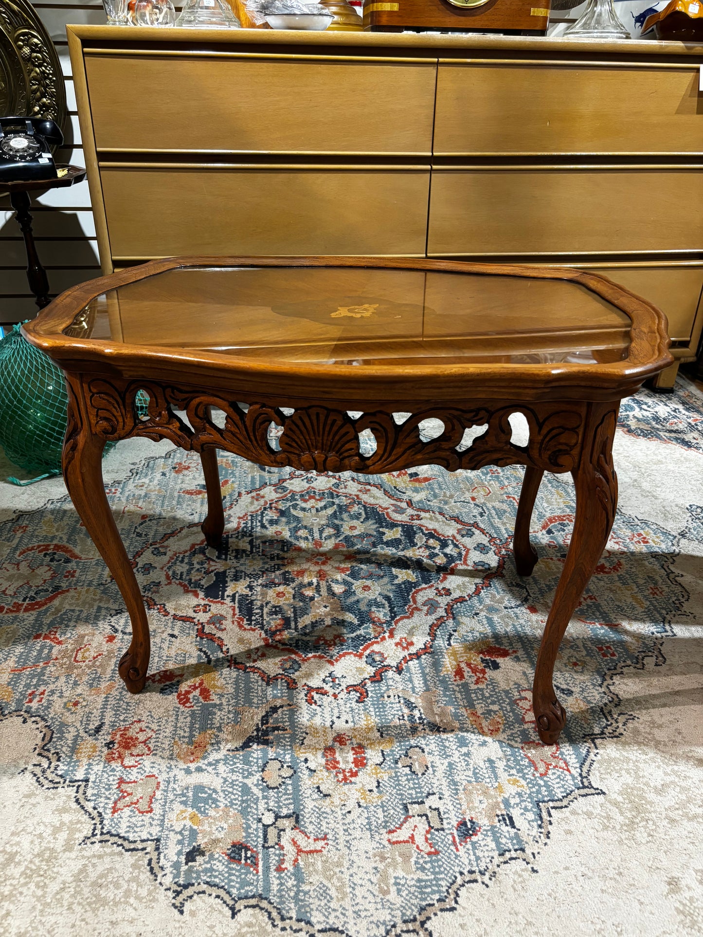 Vintage Carved Walnut Side Table with glass top