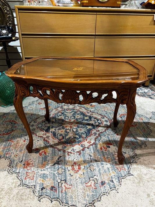 Vintage Carved Walnut Side Table with glass top