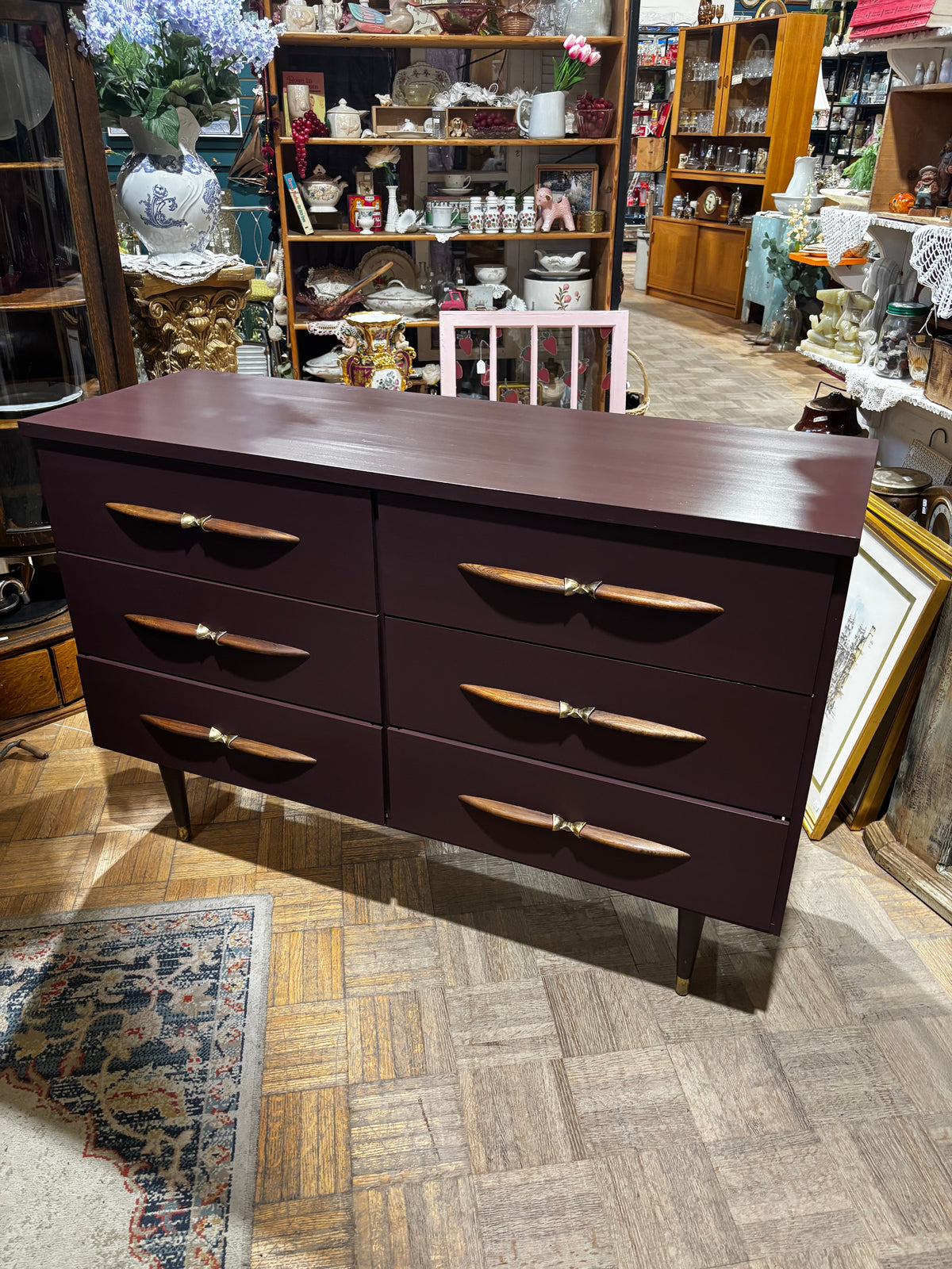Deep Plum Mid Century 6 Drawer Dresser Wooden Handles Brass Hardware