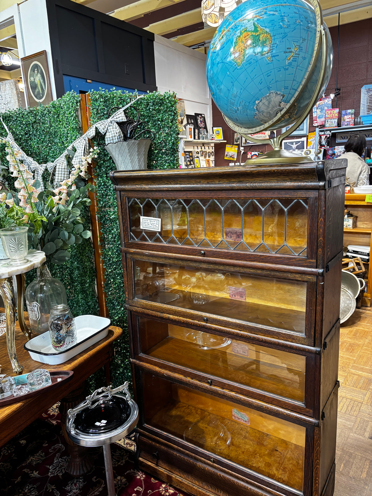 Antique Oak Globe-Wernicke Leaded Glass Barrister Bookcase