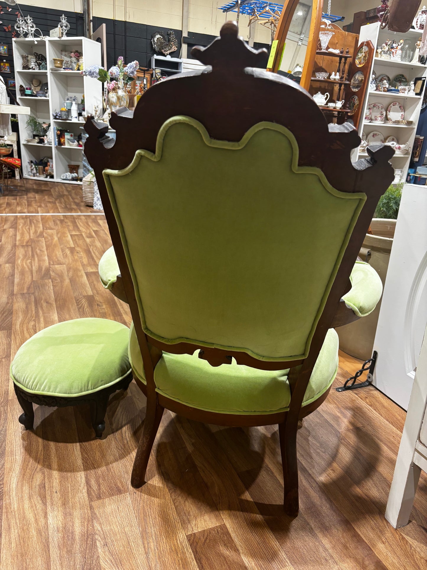 Antique Green Chair with Footstool