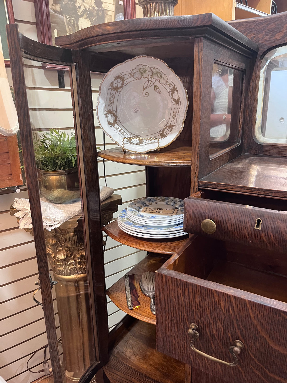 Antique 1/4 Cut Oak Cabinet with Curved Glass & Brass Hardware
