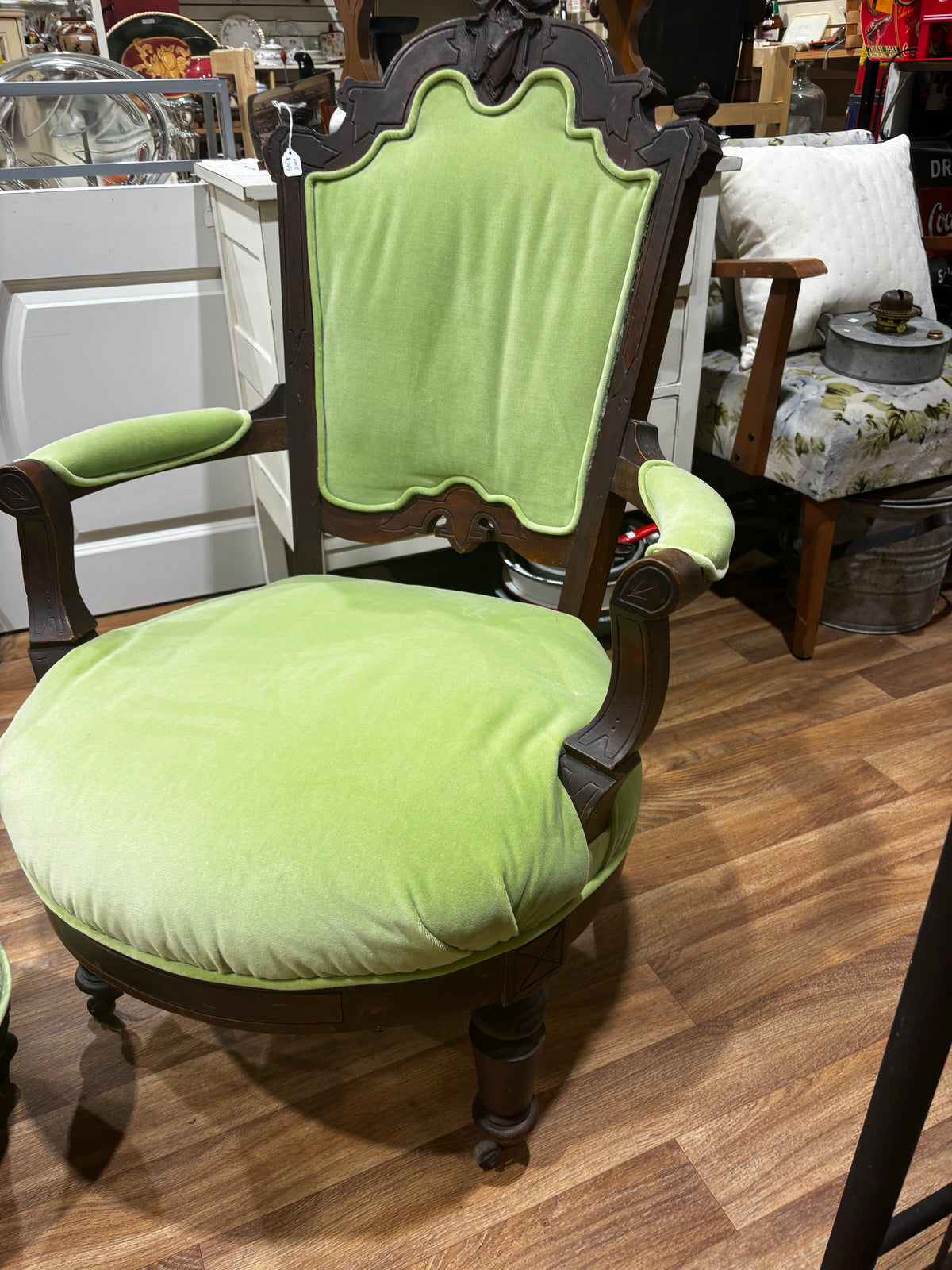 Antique Green Chair with Footstool