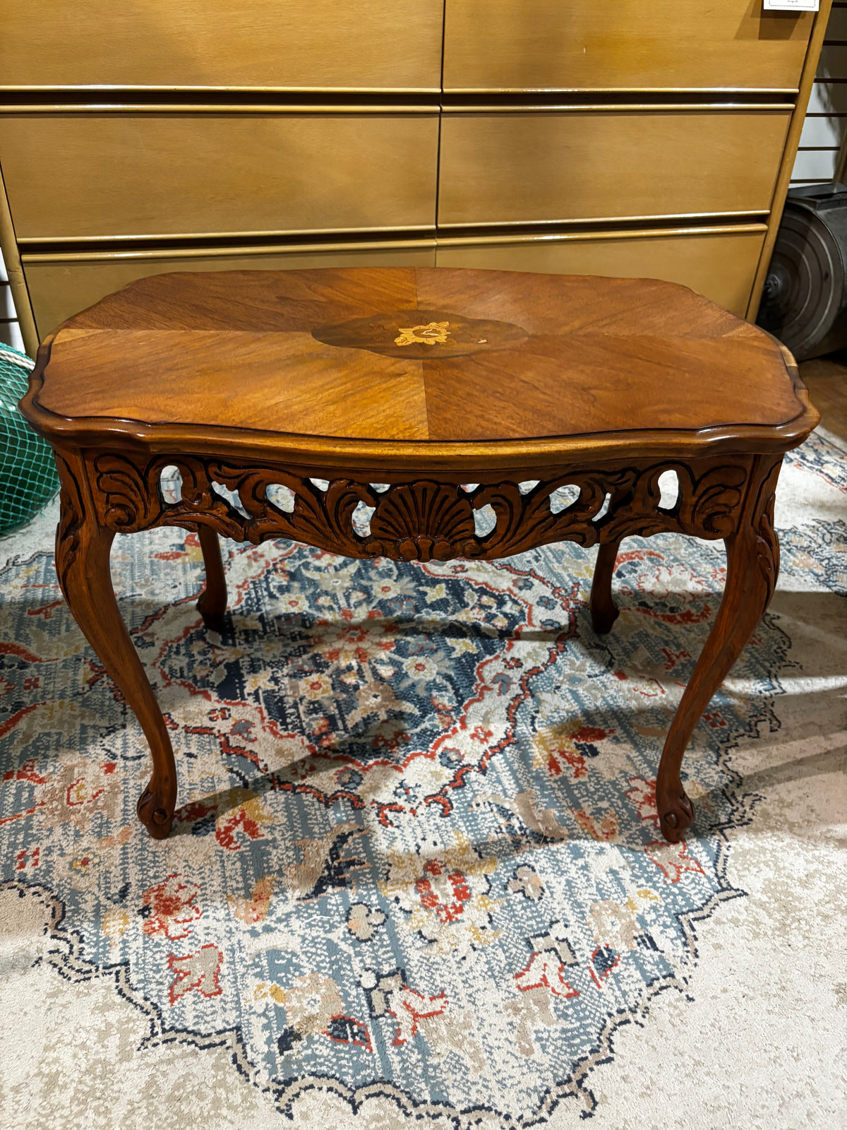 Vintage Carved Walnut Side Table with glass top