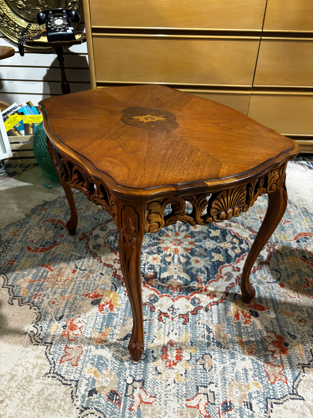 Vintage Carved Walnut Side Table with glass top