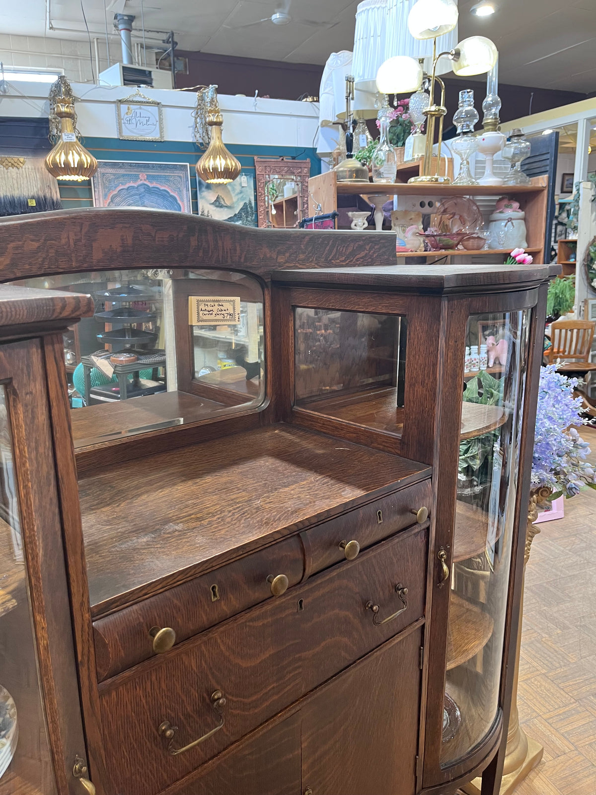 Antique 1/4 Cut Oak Cabinet with Curved Glass & Brass Hardware
