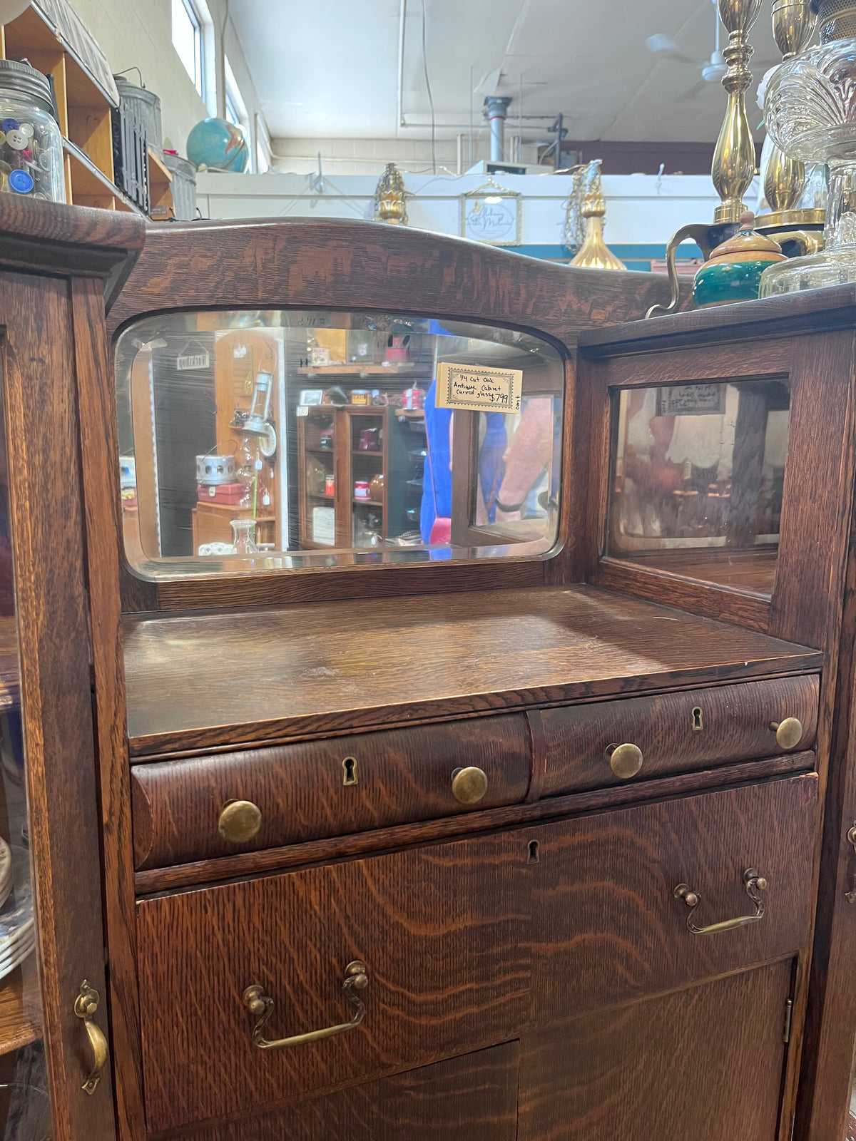 Antique 1/4 Cut Oak Cabinet with Curved Glass & Brass Hardware