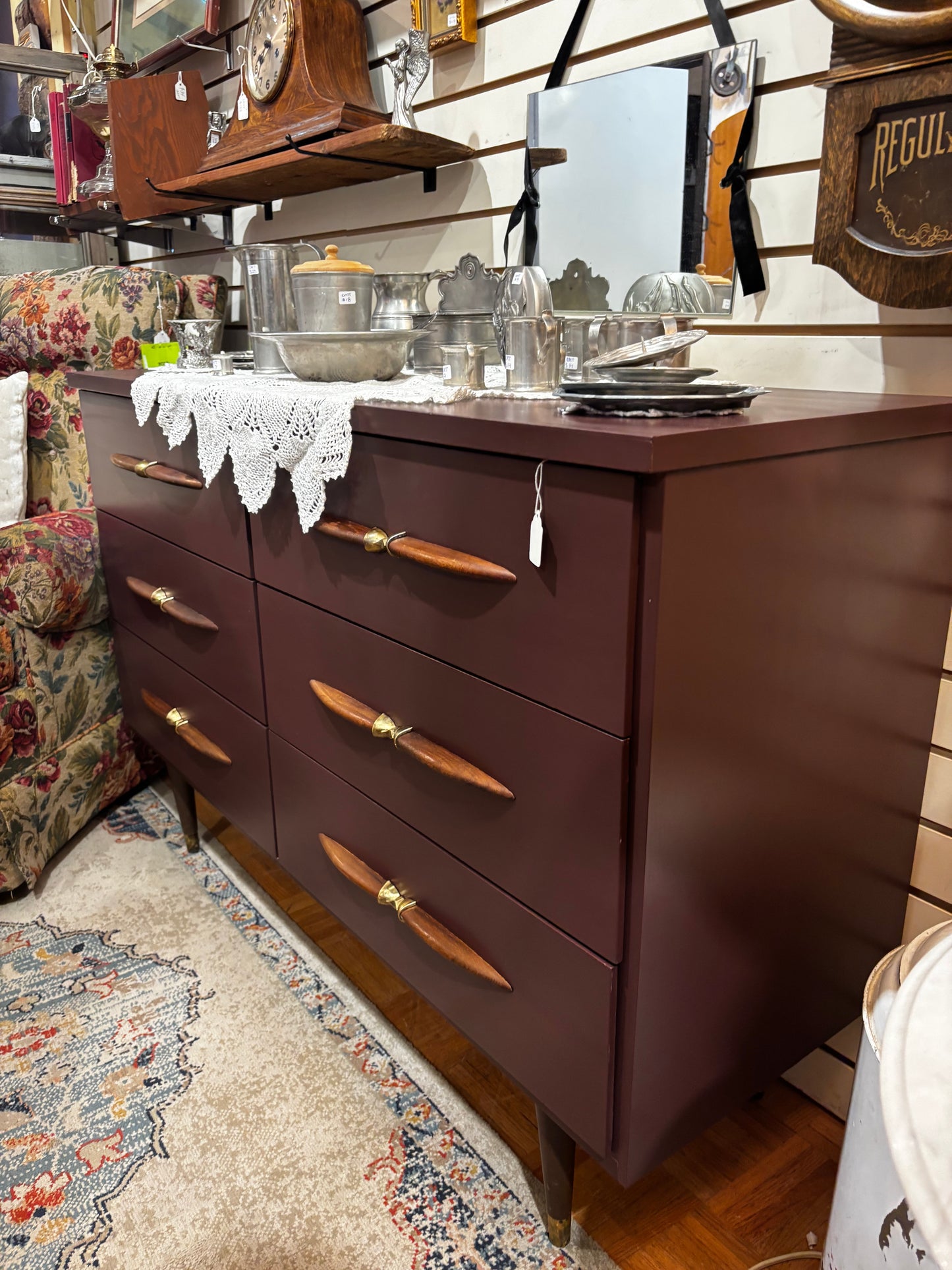Deep Plum Mid Century 6 Drawer Dresser Wooden Handles Brass Hardware
