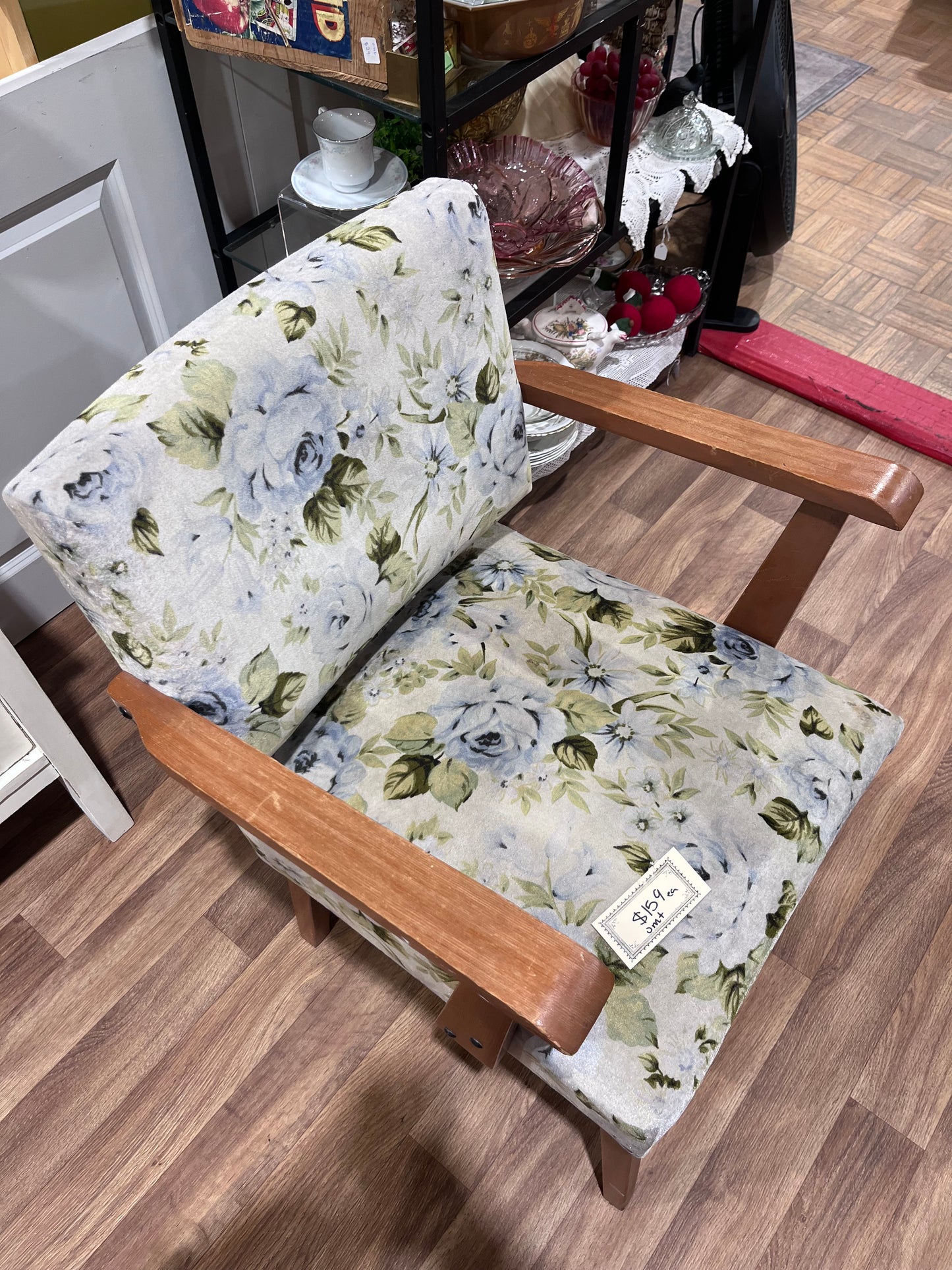 Vintage Floral Accent Chair with wooden arms