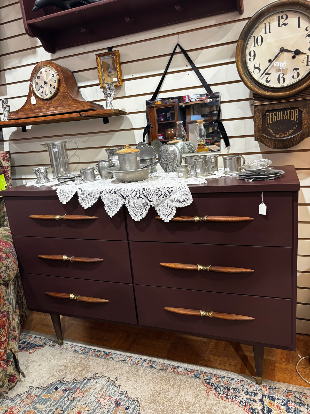 Deep Plum Mid Century 6 Drawer Dresser Wooden Handles Brass Hardware