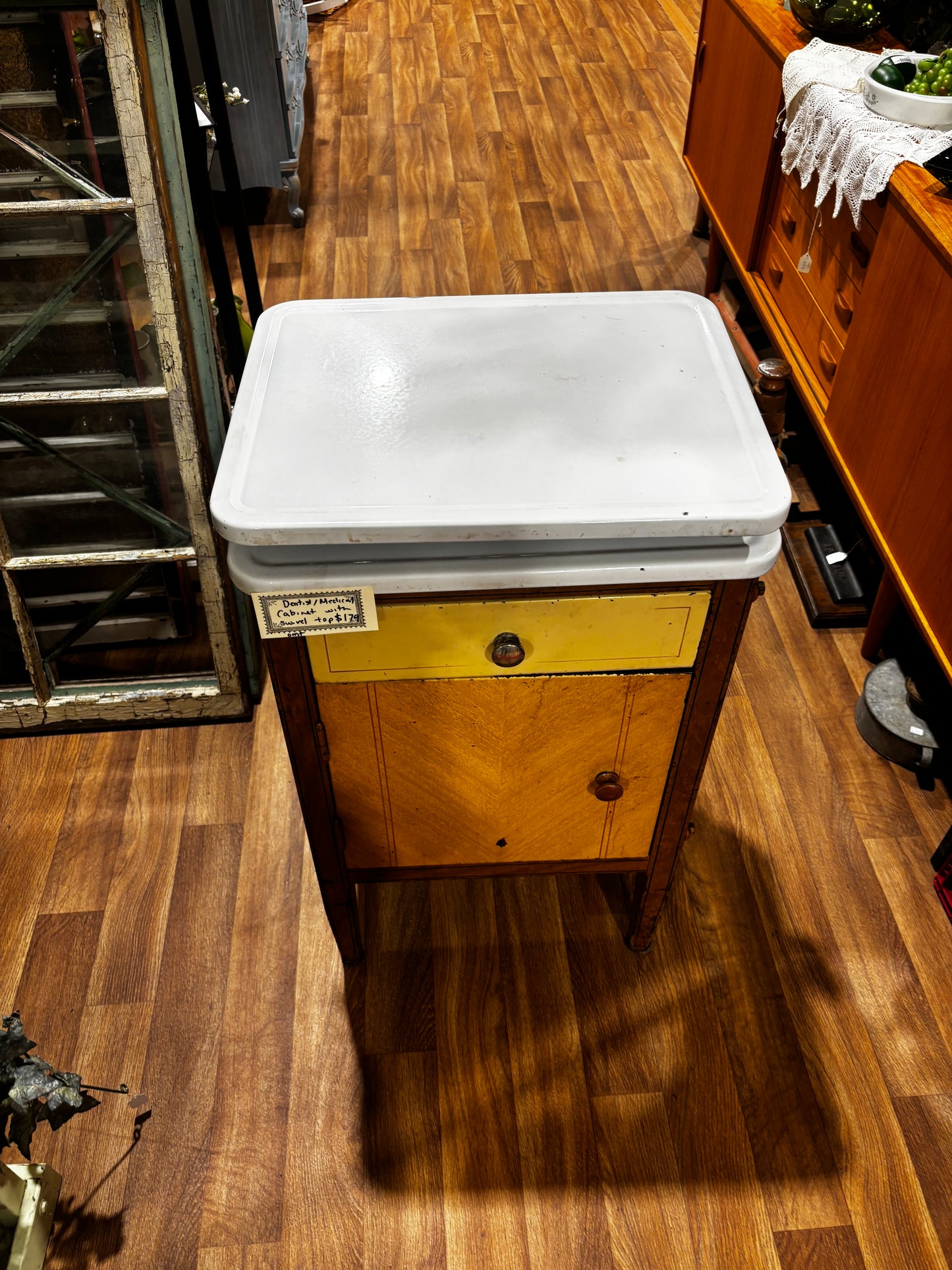 Vintage Dental/ Medical Cabinet with swivel enamel top