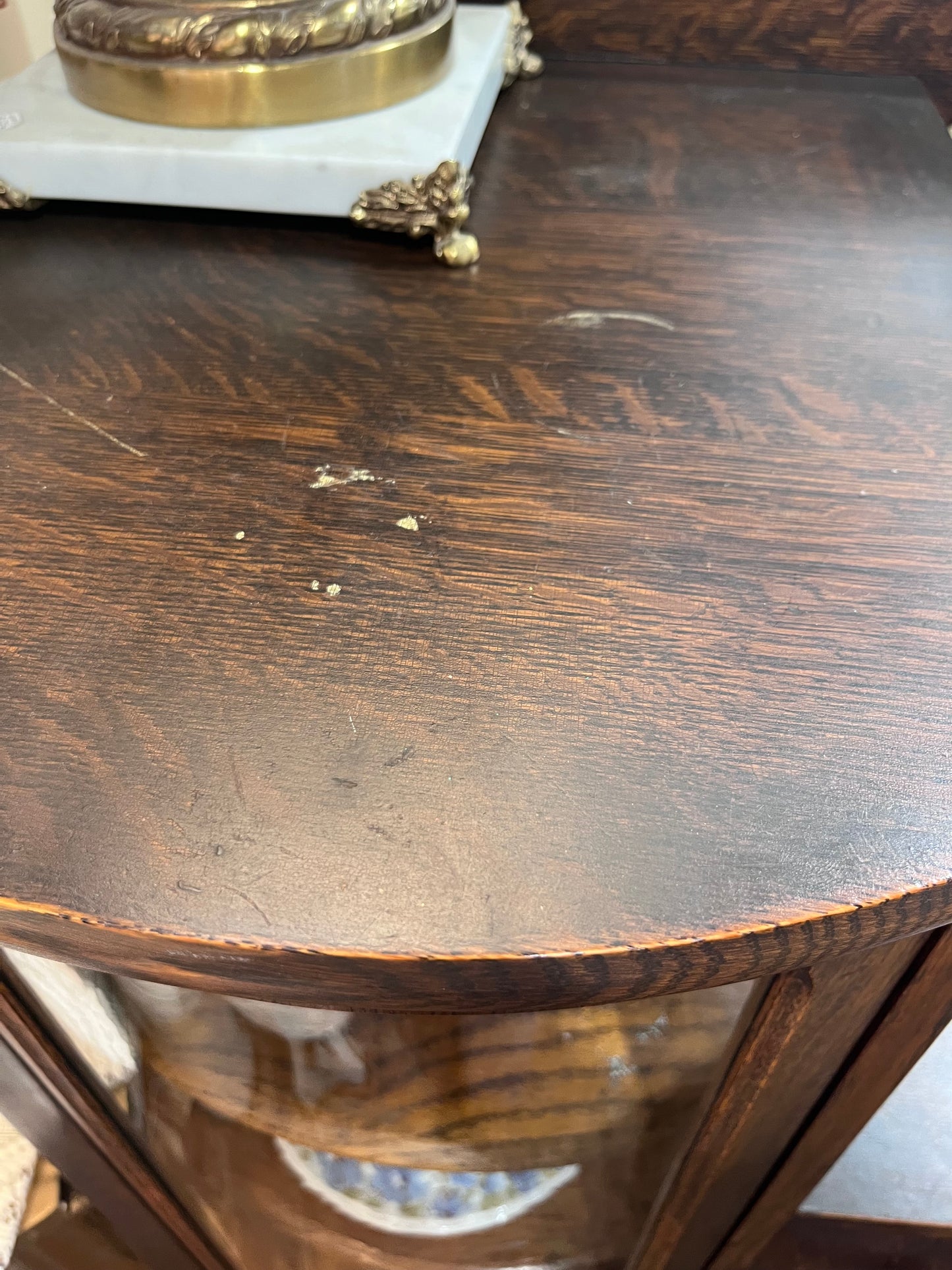 Antique 1/4 Cut Oak Cabinet with Curved Glass & Brass Hardware