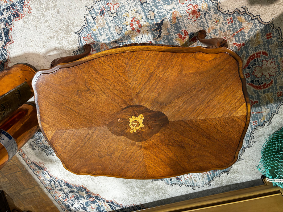 Vintage Carved Walnut Side Table with glass top