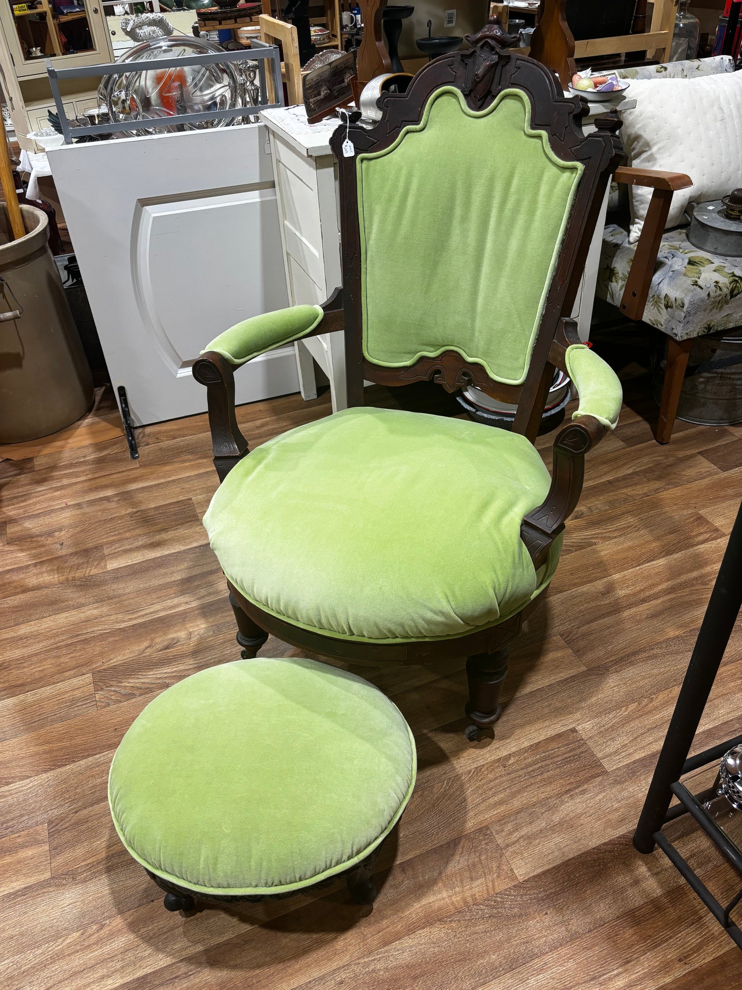 Antique Green Chair with Footstool