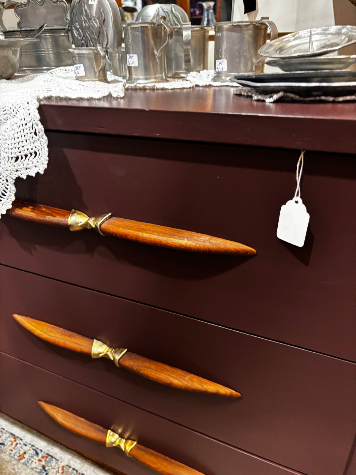 Deep Plum Mid Century 6 Drawer Dresser Wooden Handles Brass Hardware