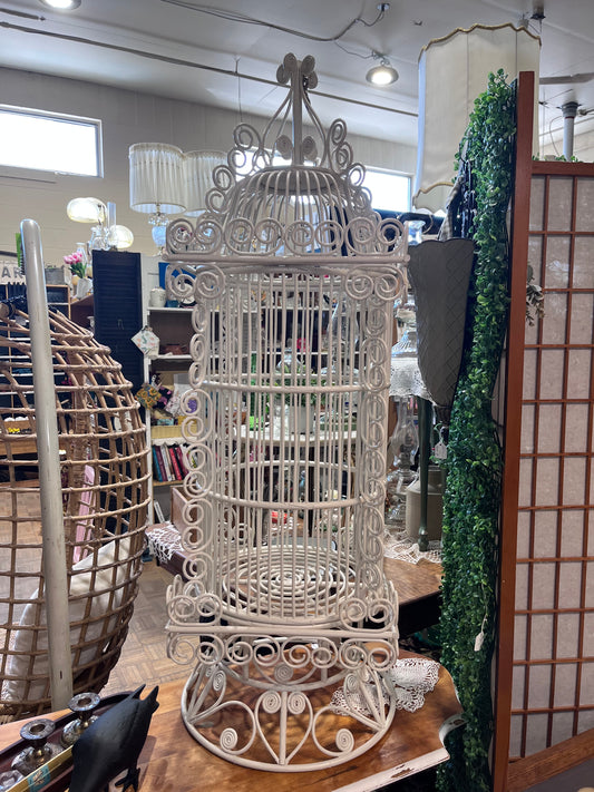 Vintage White Rattan Decorative Birdcage