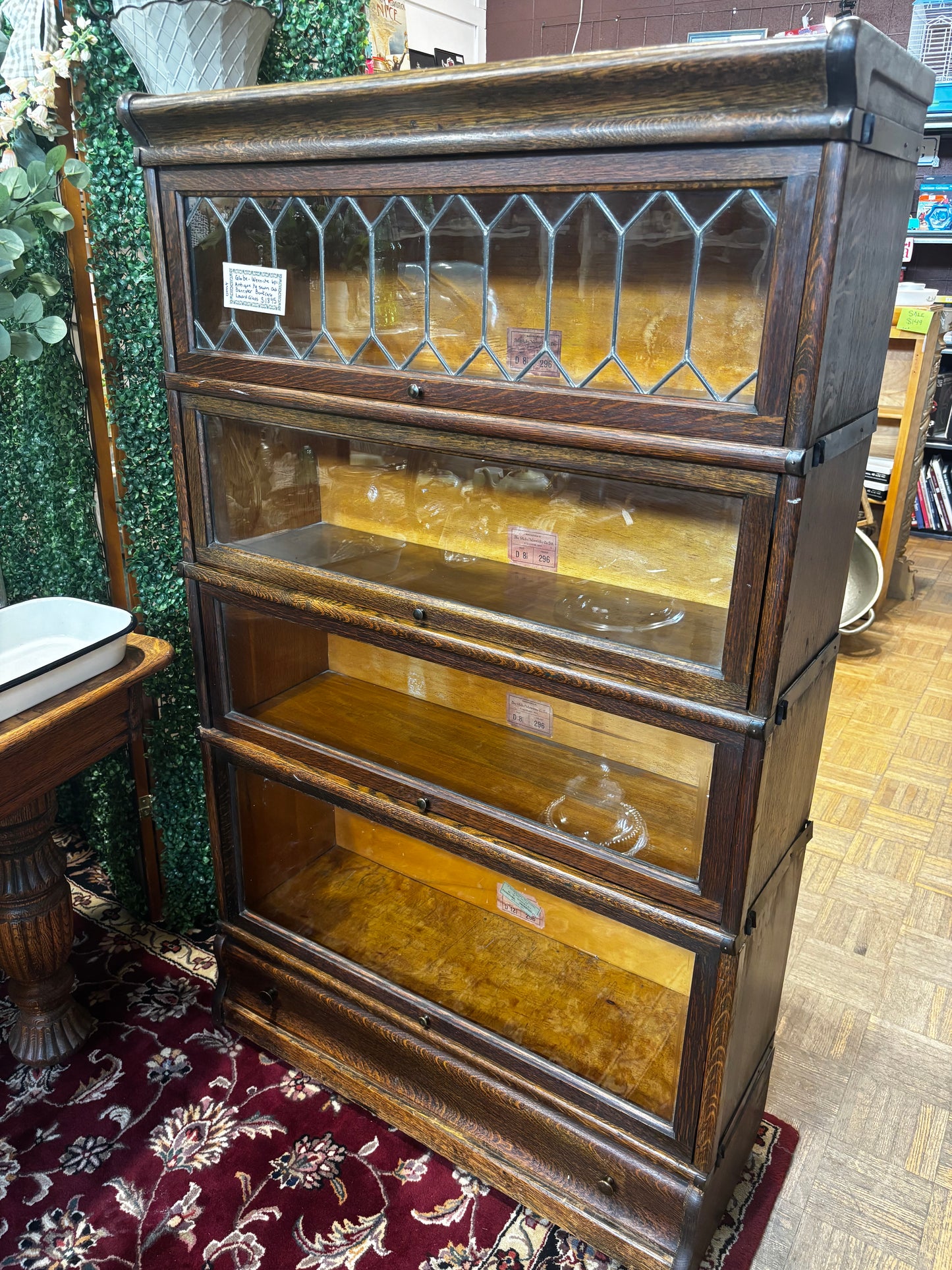 Antique Oak Globe-Wernicke Leaded Glass Barrister Bookcase
