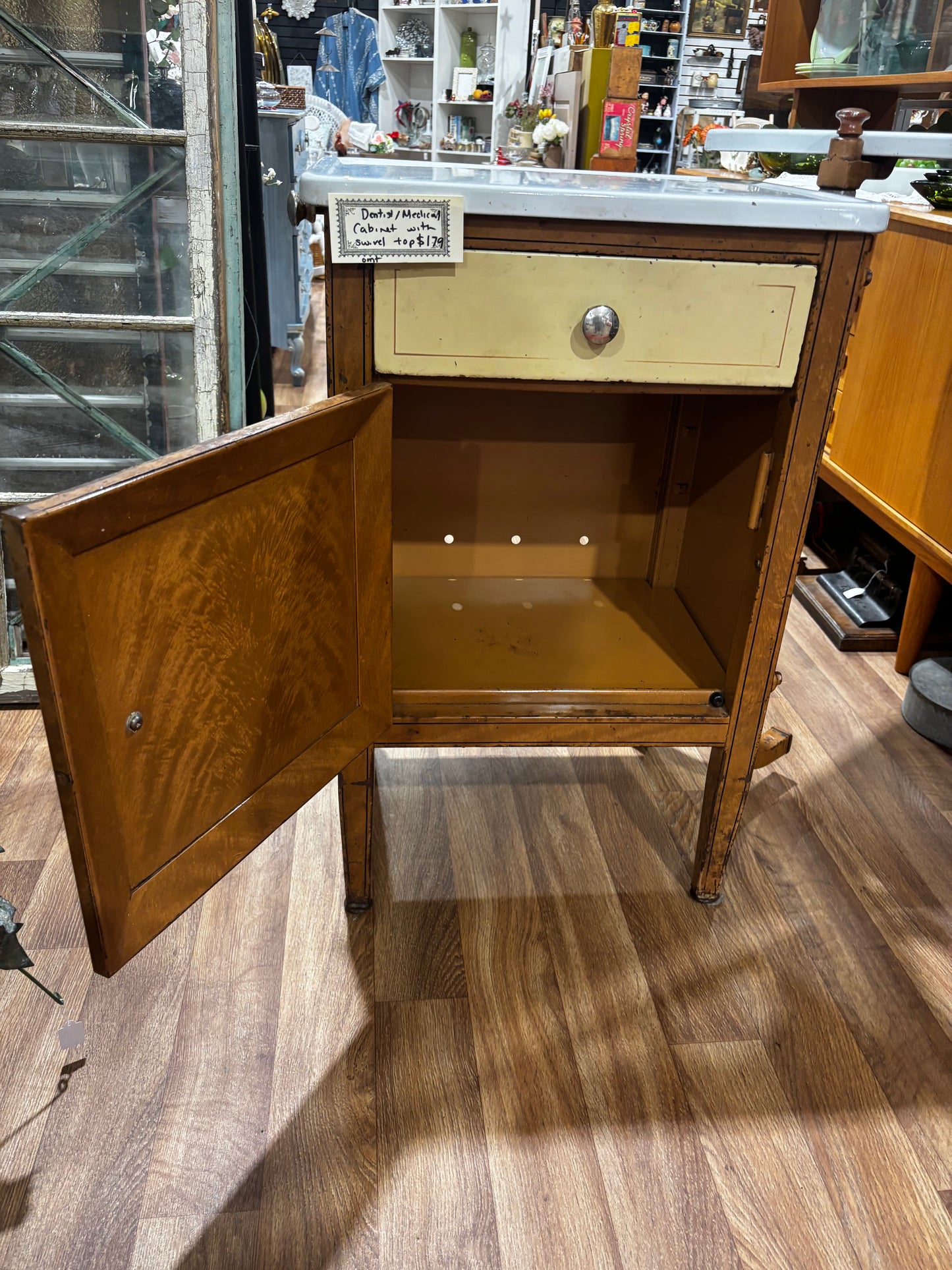 Vintage Dental/ Medical Cabinet with swivel enamel top