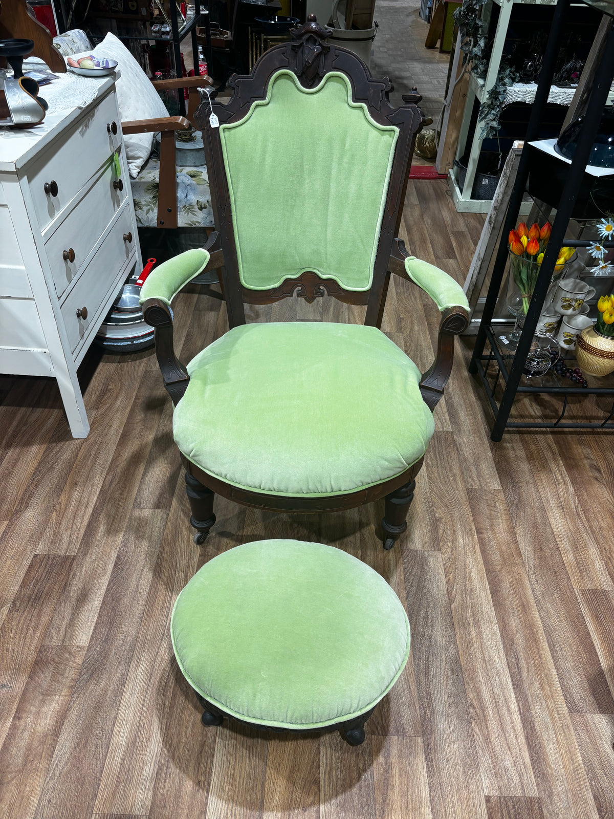 Antique Green Chair with Footstool