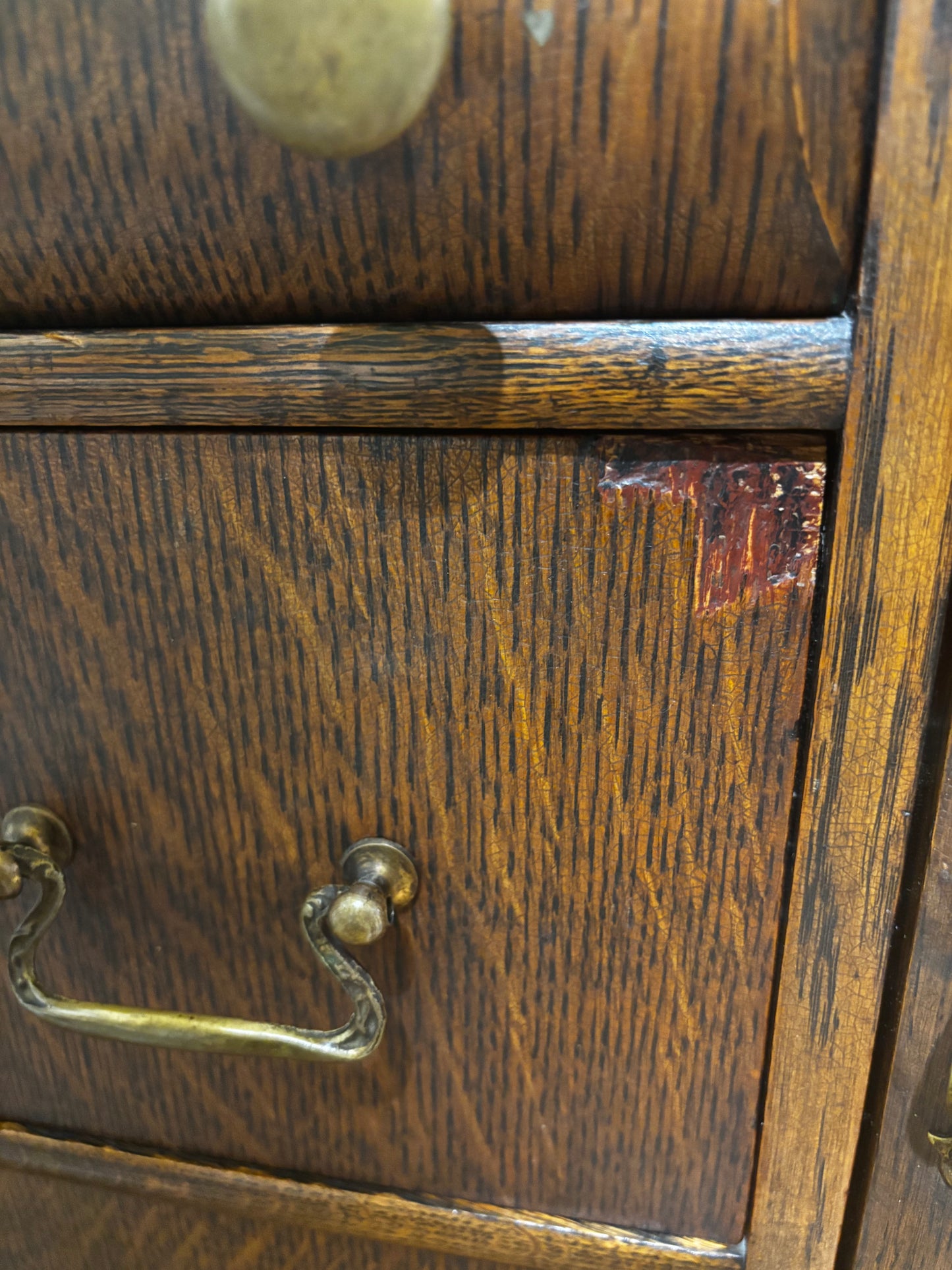 Antique 1/4 Cut Oak Cabinet with Curved Glass & Brass Hardware