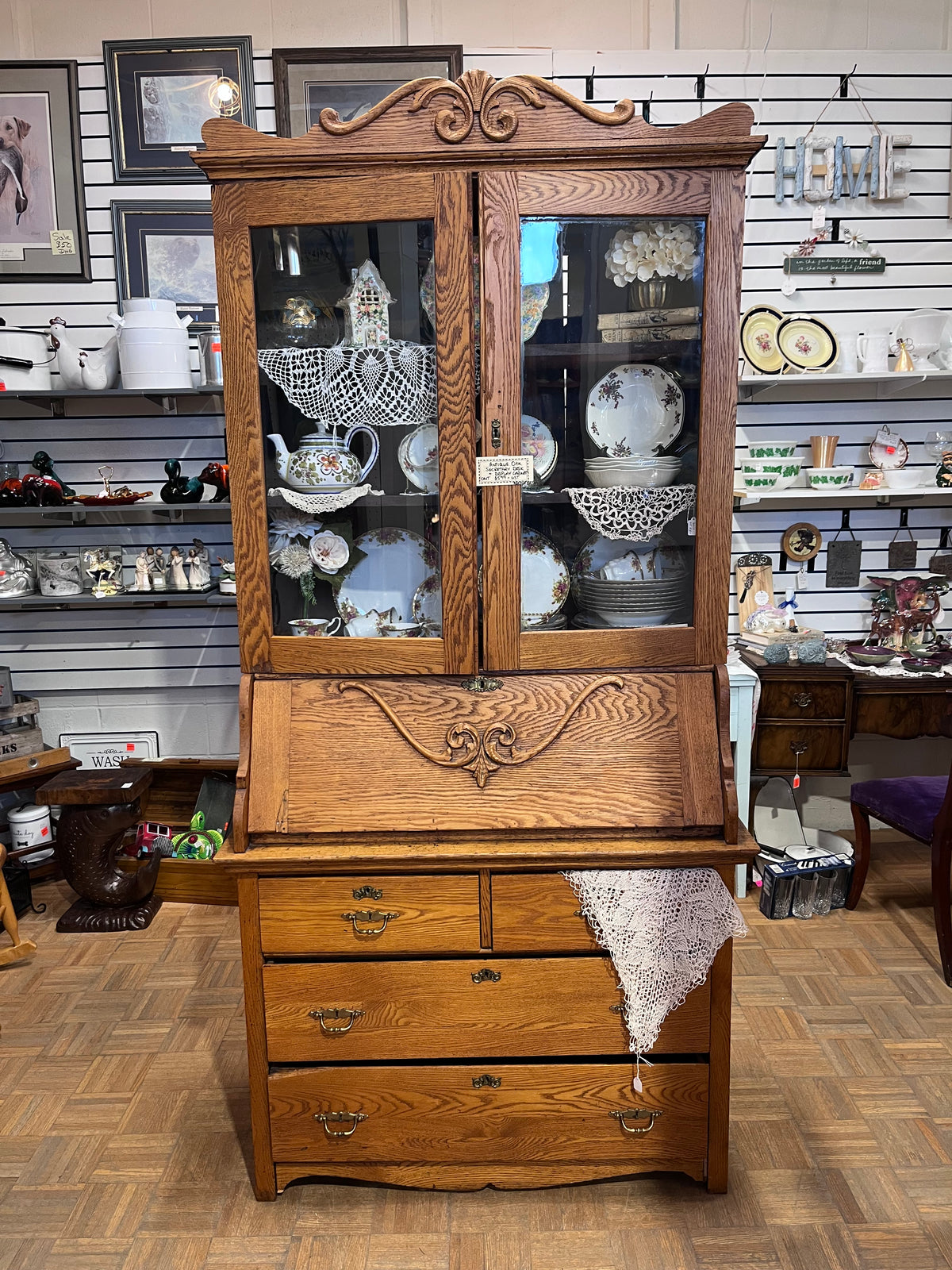Antique Oak China Cabinet with Secretary Desk and Drawers