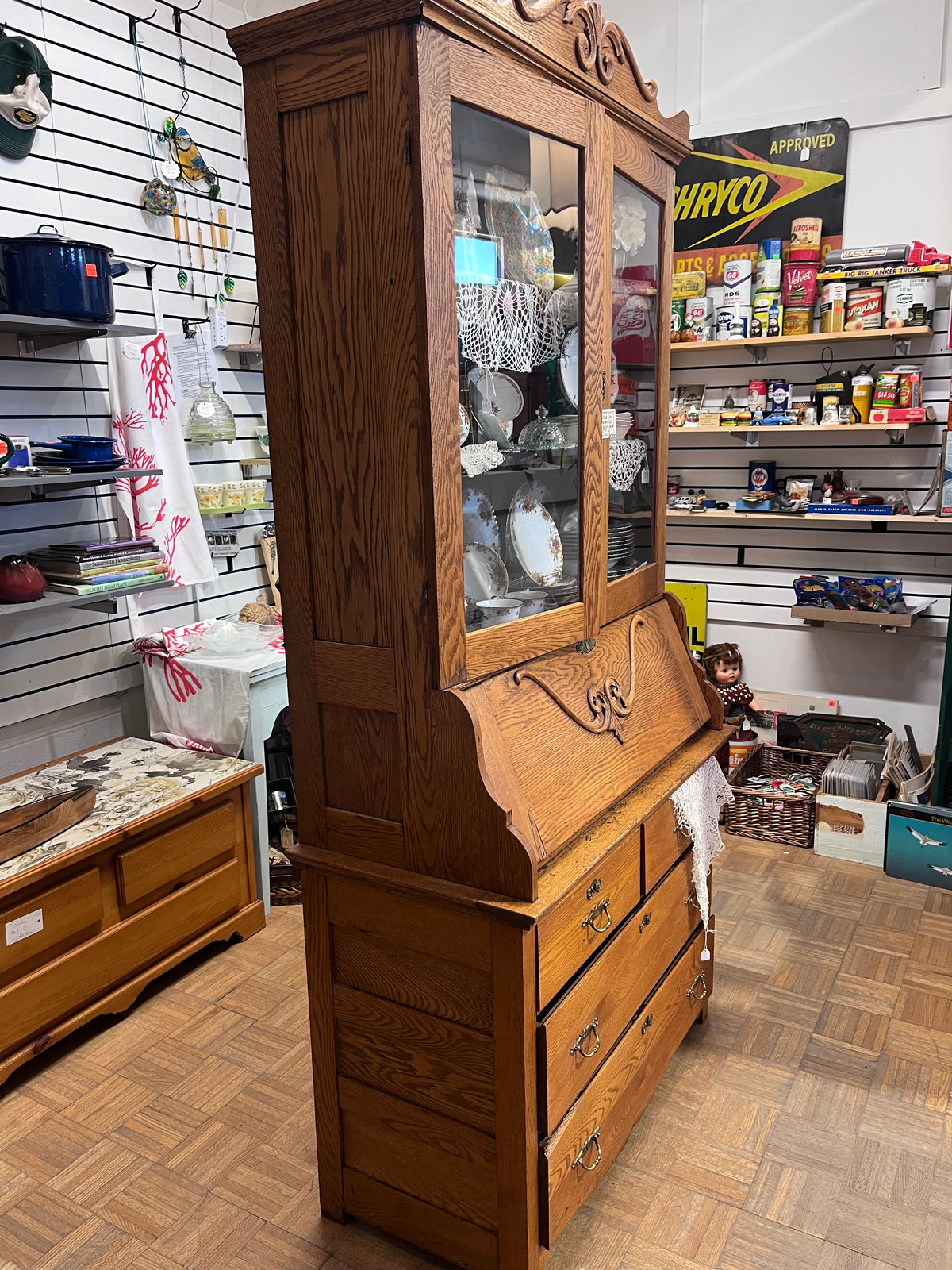 Antique Oak China Cabinet with Secretary Desk and Drawers