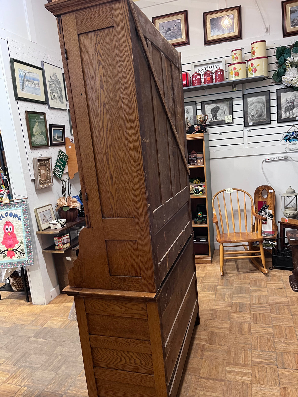 Antique Oak China Cabinet with Secretary Desk and Drawers