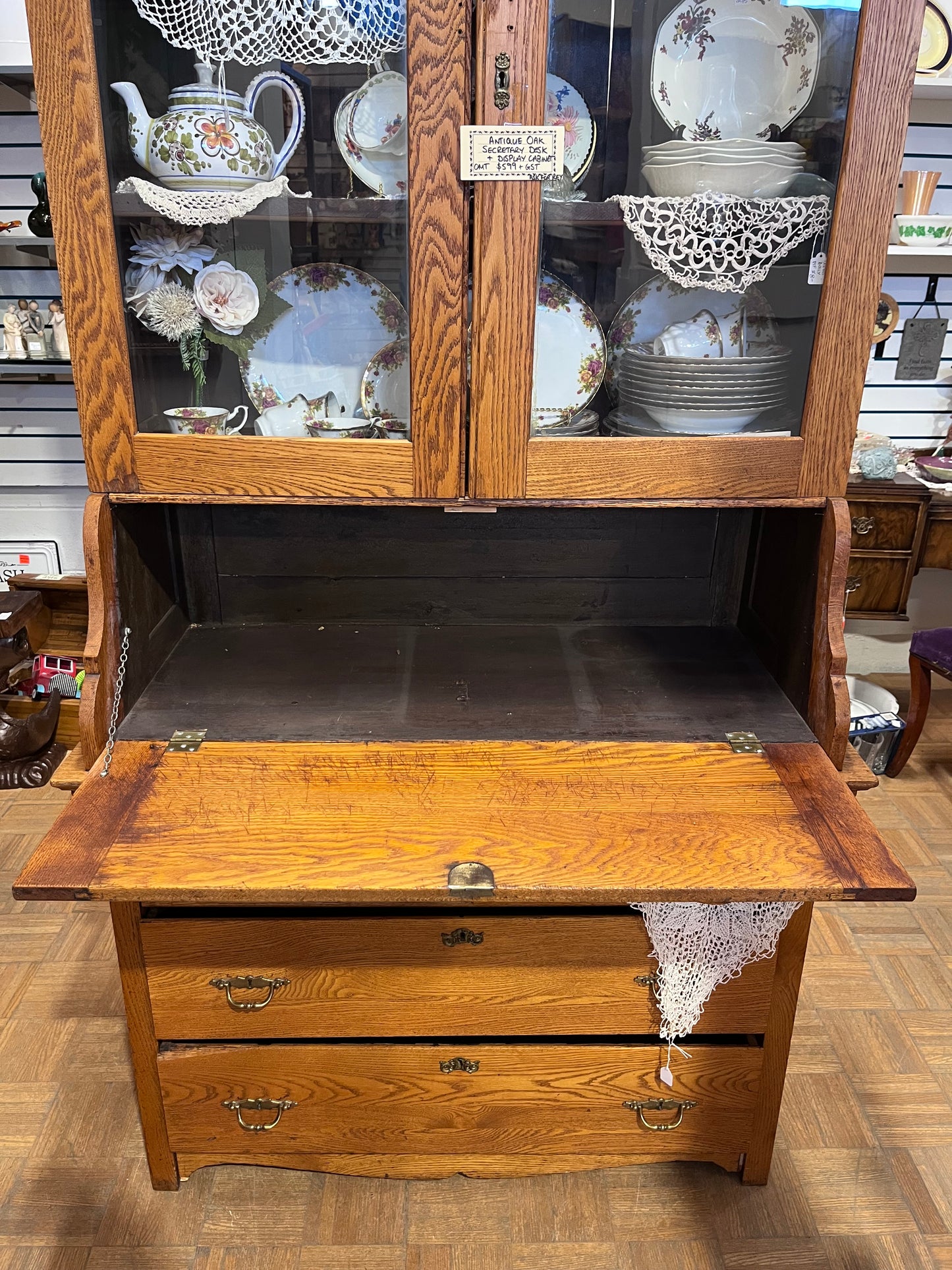Antique Oak China Cabinet with Secretary Desk and Drawers