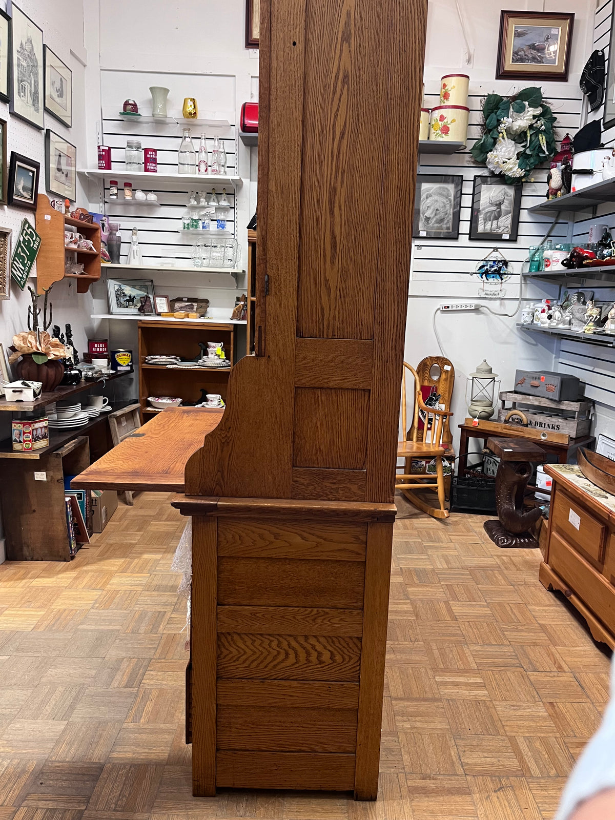 Antique Oak China Cabinet with Secretary Desk and Drawers