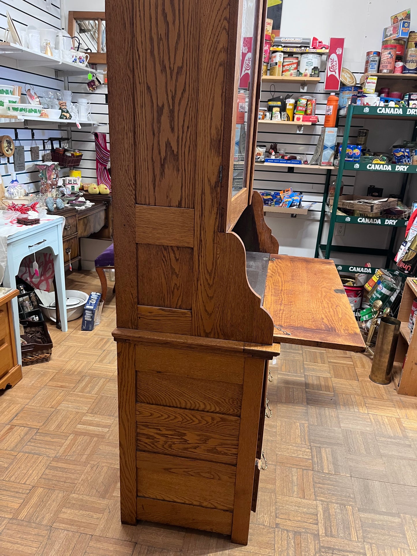 Antique Oak China Cabinet with Secretary Desk and Drawers