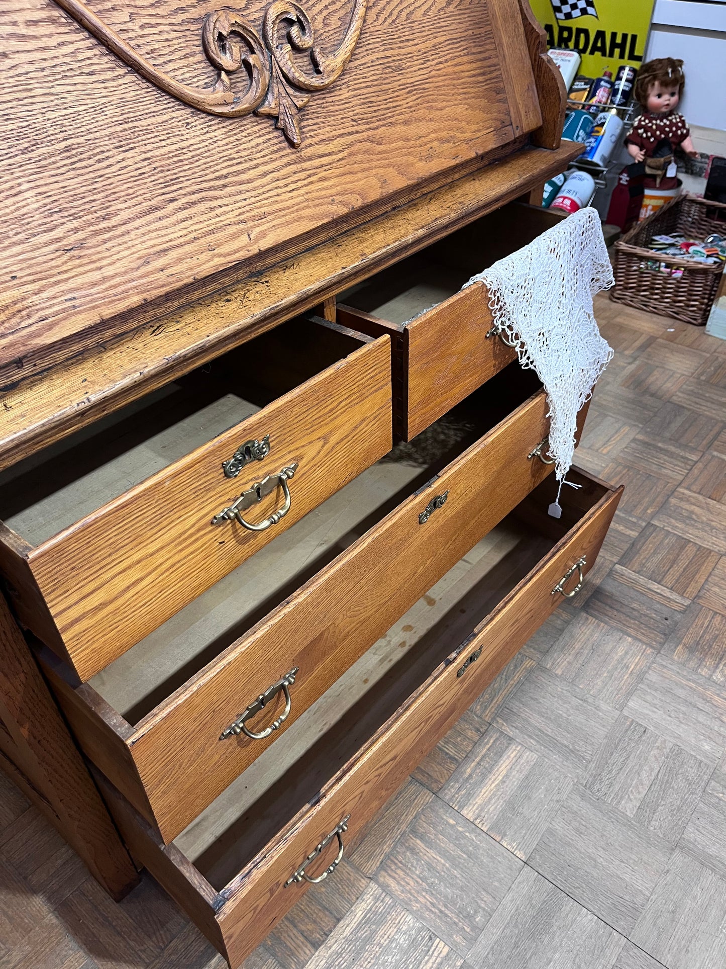 Antique Oak China Cabinet with Secretary Desk and Drawers