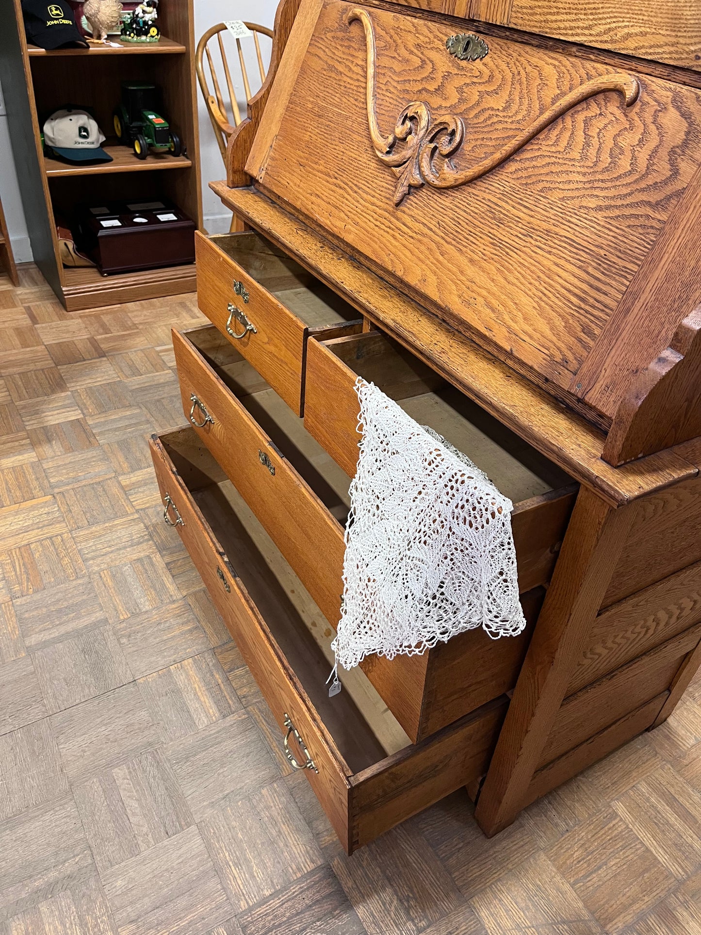 Antique Oak China Cabinet with Secretary Desk and Drawers